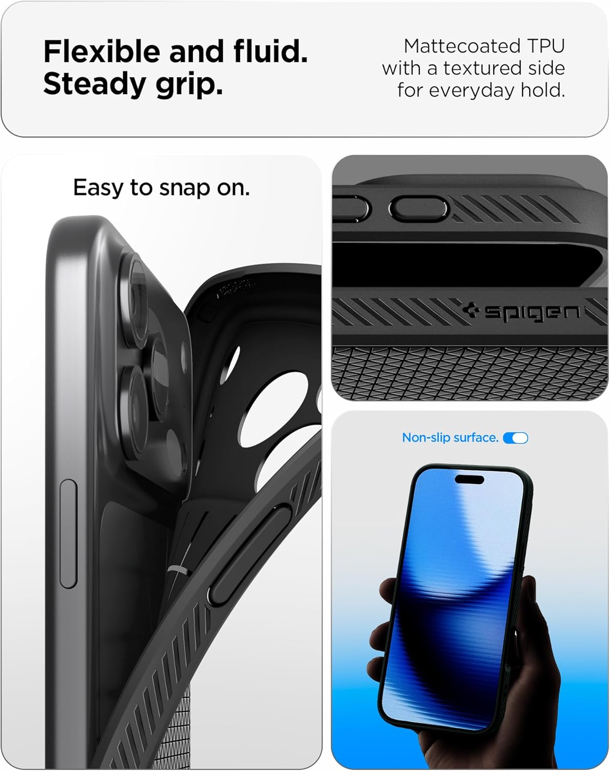 Spigen iPhone 17 Pro Liquid Air case in Matte Black - flexible TPU and covered Camera Control details