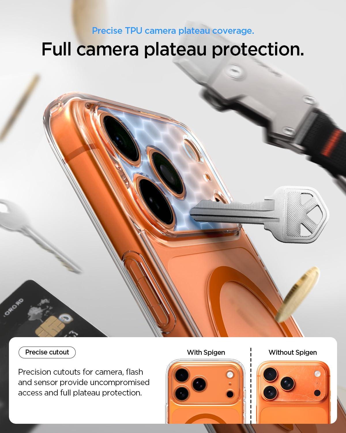 Spigen iPhone 17 Pro Ultra Hybrid MagFit case in Clear Orange - camera plateau protection