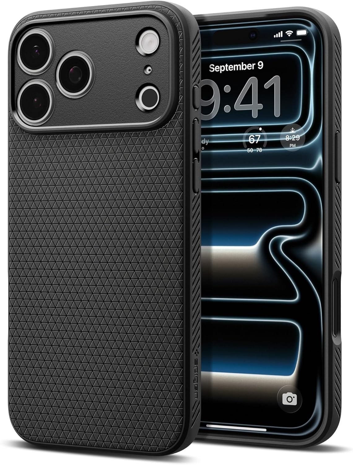 Spigen iPhone 17 Pro Liquid Air case in Matte Black - front and back product view