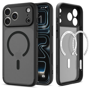Spigen iPhone 17 Pro Ultra Hybrid MagFit case in Frost Black - front and back product view