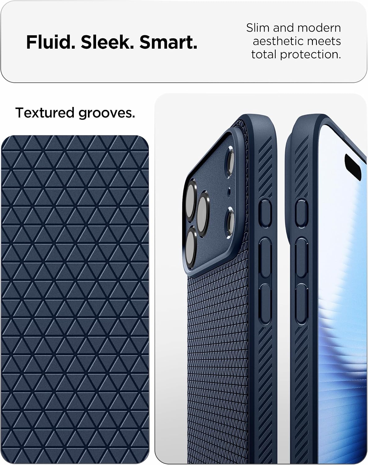 Spigen iPhone 17 Pro Liquid Air case in Navy Blue - textured groove and side profile details