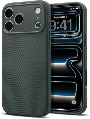 Spigen iPhone 17 Pro Liquid Air case in Abyss Green - front and back product view