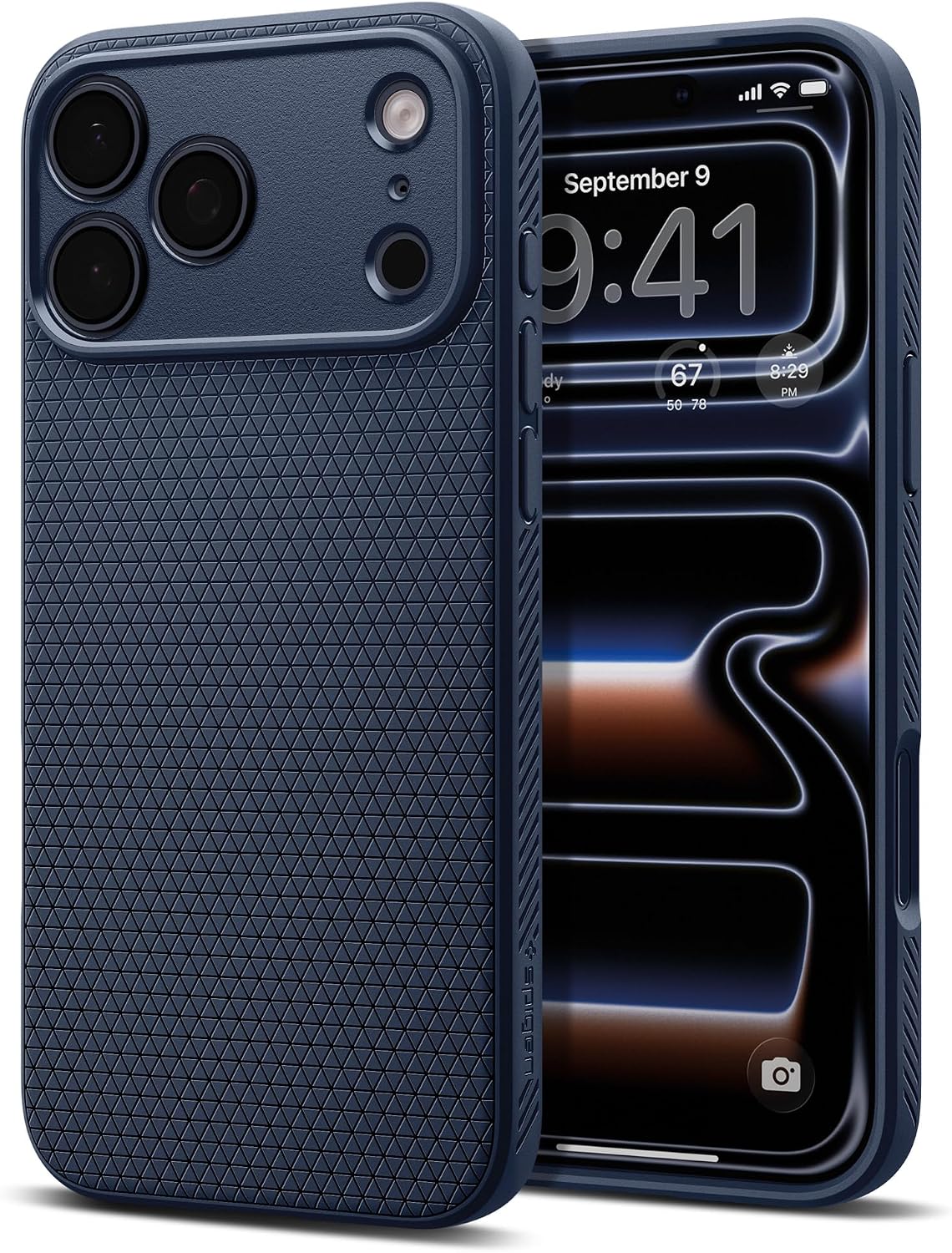 Spigen iPhone 17 Pro Liquid Air case in Navy Blue - front and back product view