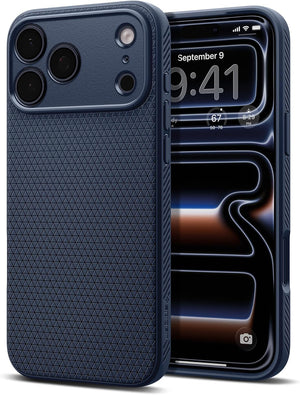 Spigen iPhone 17 Pro Liquid Air case in Navy Blue - front and back product view
