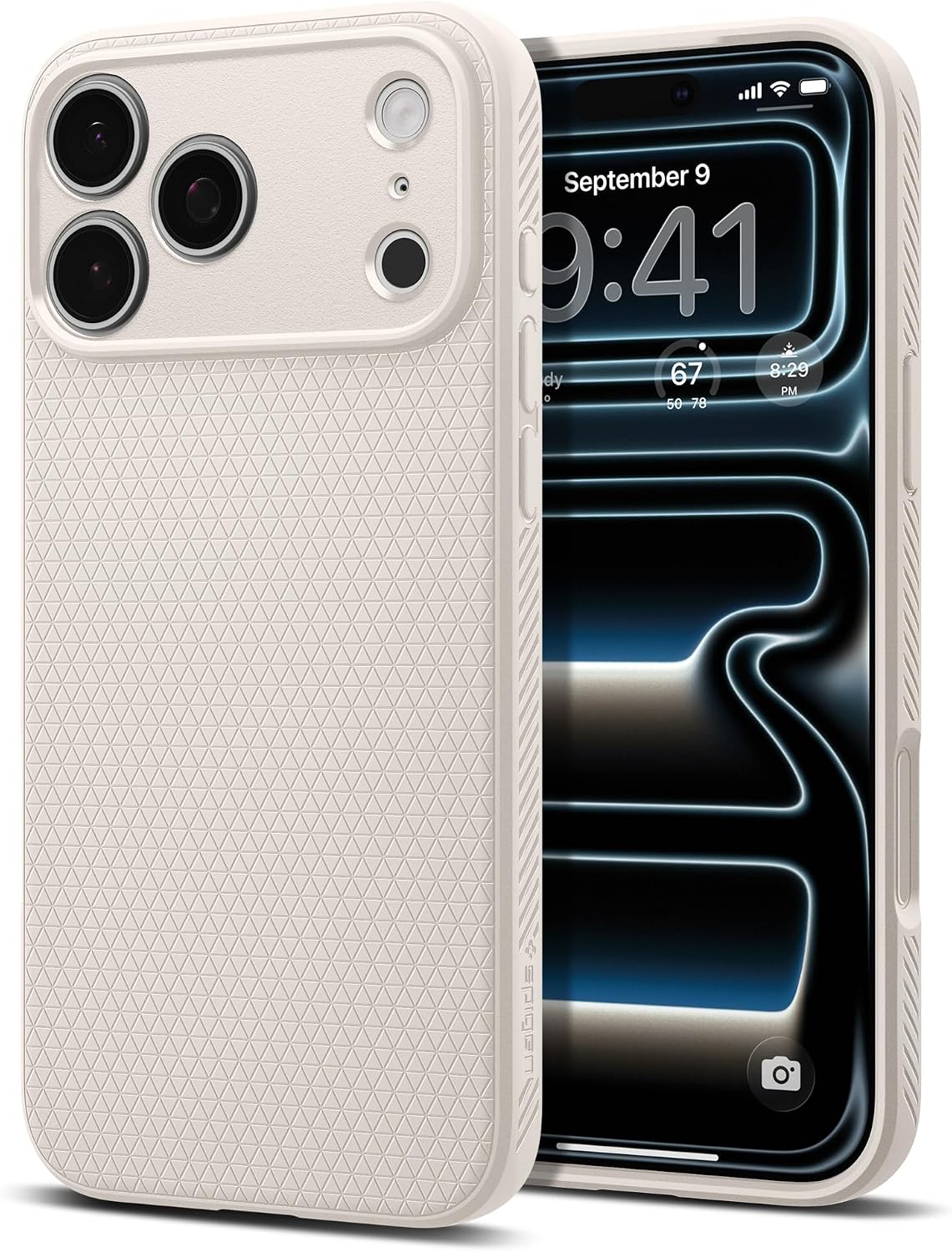 Spigen iPhone 17 Pro Liquid Air case in Natural Titanium - front and back product view