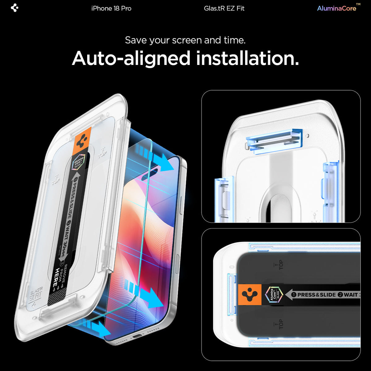 Spigen iPhone 18 Pro Screen Protector – GLAS.tR EZ Fit, Online Version – 2 Pack – Auto-aligned installation