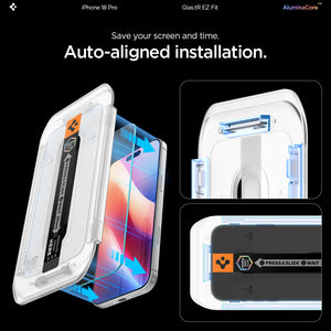 Spigen iPhone 18 Pro Screen Protector – GLAS.tR EZ Fit, Online Version – 2 Pack – Auto-aligned installation
