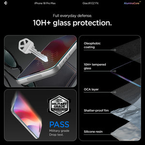 Spigen iPhone 18 Pro Max Screen Protector – GLAS.tR EZ Fit, Online Version – 2 Pack – 10H+ protection and glass layers