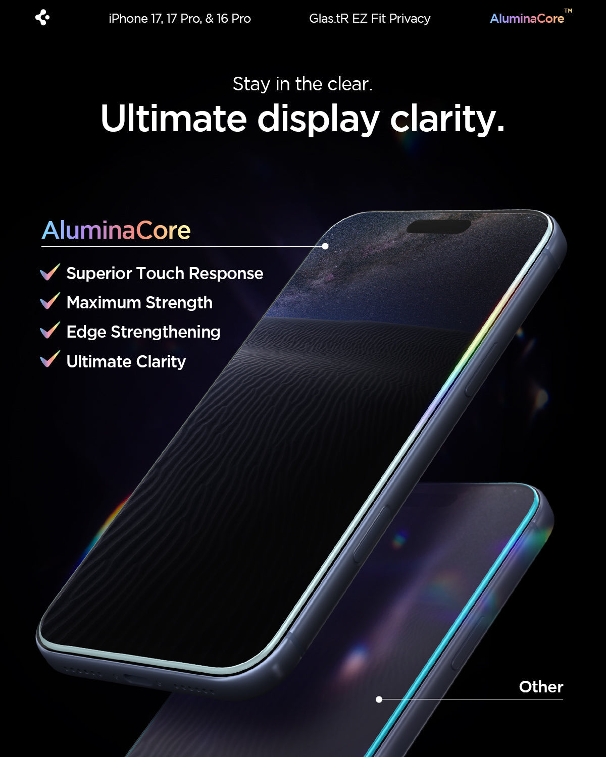 Spigen iPhone 17 Pro / 17 Screen Protector – GLAS.tR EZ Fit | Privacy - Privacy - clear front-view display detail