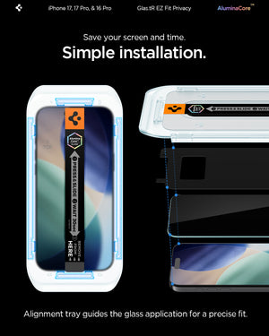 Spigen iPhone 17 Pro / 17 Screen Protector – GLAS.tR EZ Fit | Privacy - Privacy - EZ Fit installation detail