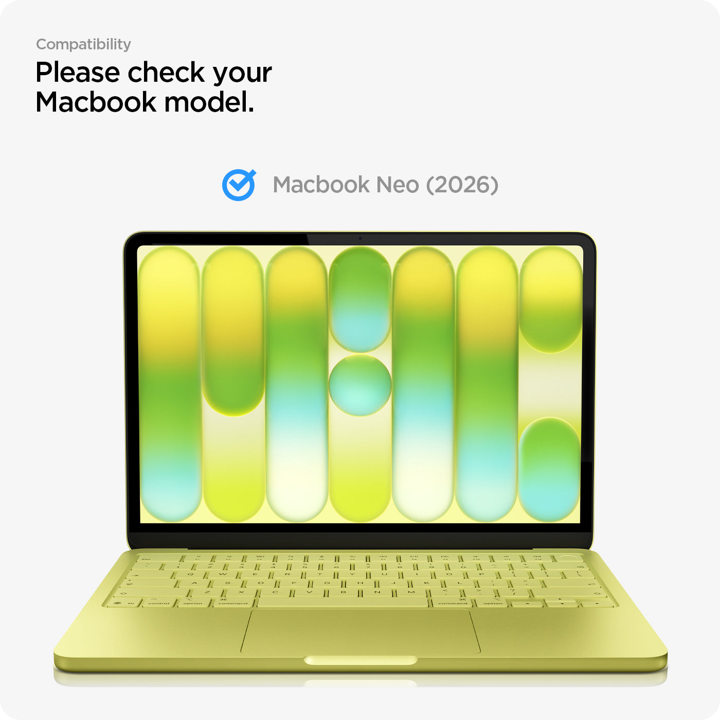 Spigen MacBook Neo 13-inch Glas.tR Slim in Clear showing please check your Macbook model
