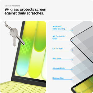 Spigen MacBook Neo 13-inch Glas.tR Slim in Clear showing 9H glass protects screen against daily scratches