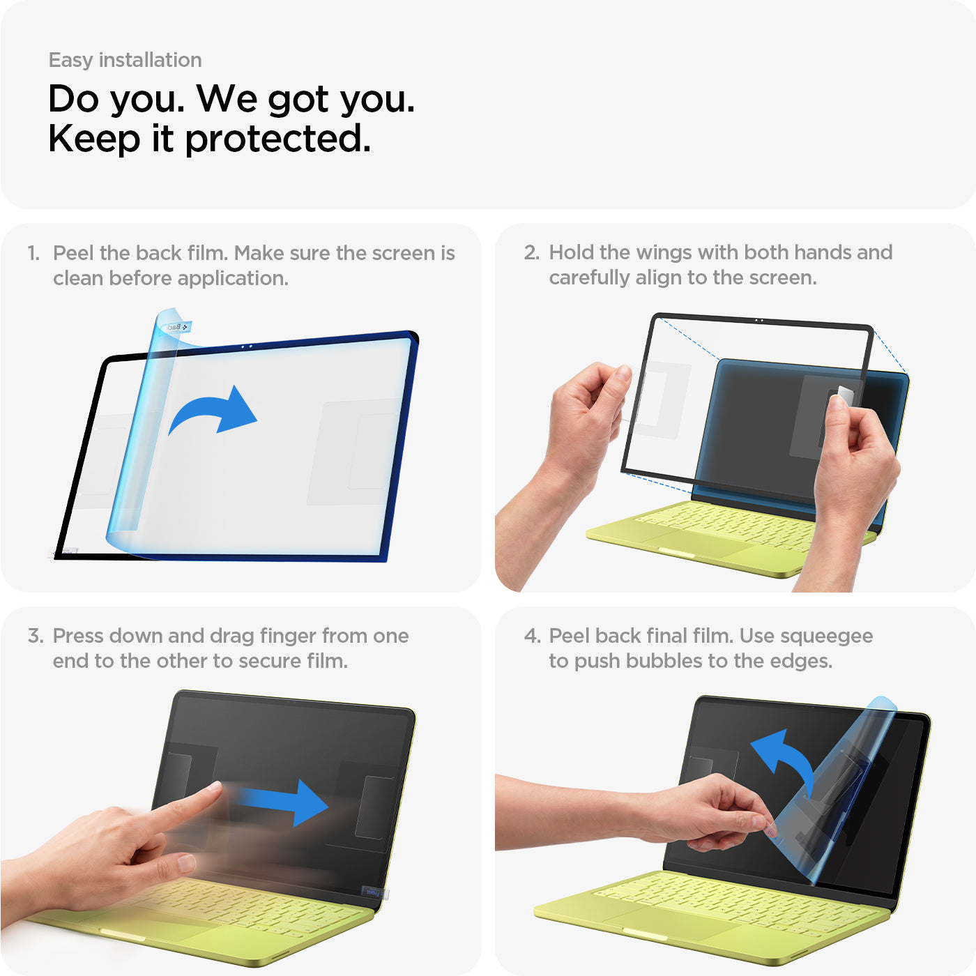 Spigen MacBook Neo 13-inch Glas.tR Slim in Clear showing 4 steps