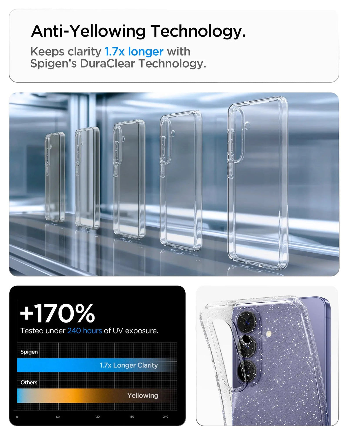 Spigen Galaxy S26 Liquid Crystal Glitter Crystal Quartz – DuraClear anti-yellowing feature illustration