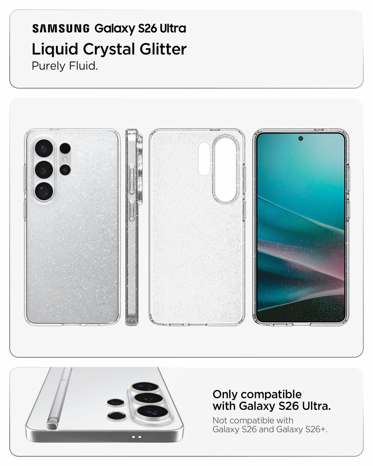 Spigen Galaxy S26 Ultra Liquid Crystal Glitter Crystal Quartz – exact device fit and case views