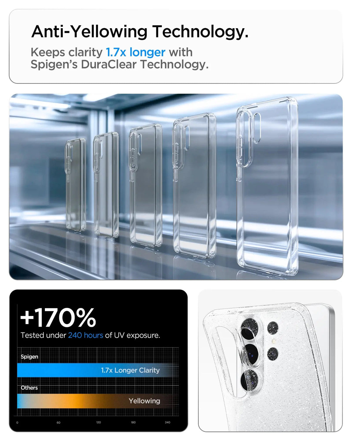 Spigen Galaxy S26 Ultra Liquid Crystal Glitter Crystal Quartz – DuraClear anti-yellowing feature illustration