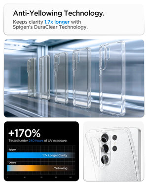 Spigen Galaxy S26 Ultra Liquid Crystal Glitter Crystal Quartz – DuraClear anti-yellowing feature illustration
