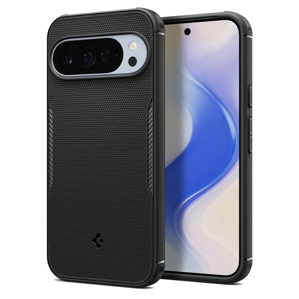 Spigen Google Pixel 10 Pro XL Phone Case – Core Armor MagFit — Matte Black, front and rear on white background
