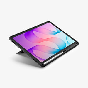 Galaxy Tab S12+ Tough Armor Pro showing the tablet case supported at a low angle by the built-in kickstand with a stylus stored along the edge.