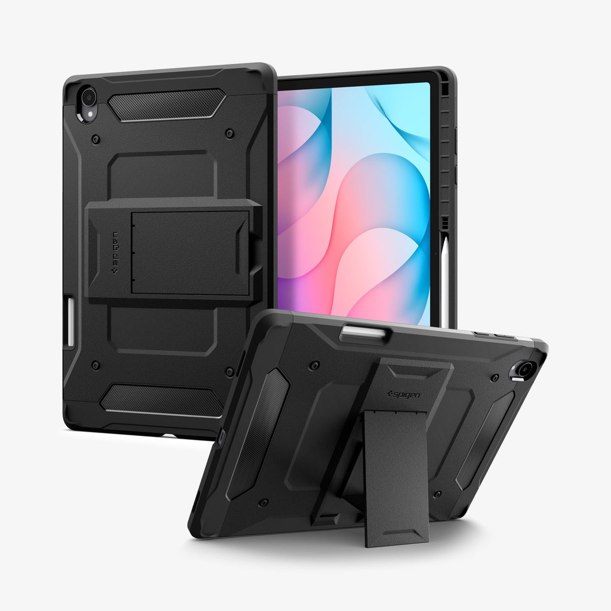 Galaxy Tab S12+ Tough Armor Pro showing multiple views of the tablet case with the built-in kickstand extended for hands-free viewing.