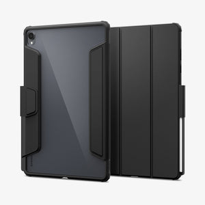 Galaxy Tab S12+ Ultra Hybrid Pro in Black showing front and back views of a folio tablet case with a transparent back panel, reinforced frame, tri-fold cover, and stylus storage.