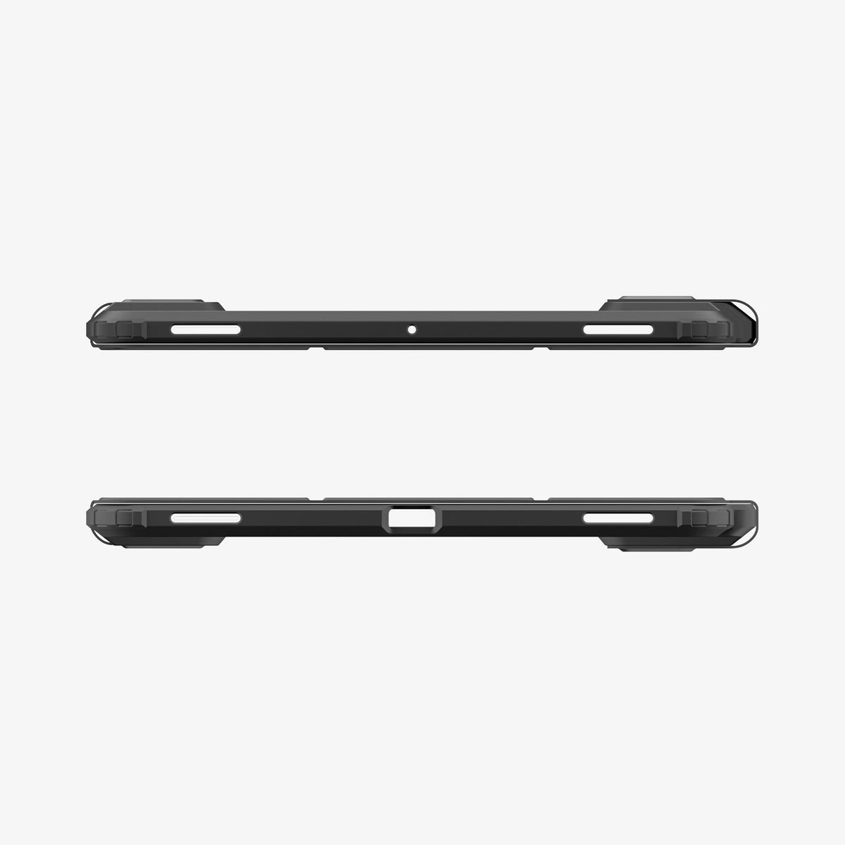 Galaxy Tab S12+ Ultra Hybrid Pro in Black showing top and bottom edges of a tablet case with speaker openings, microphone opening, charging port cutout, and reinforced corners.
