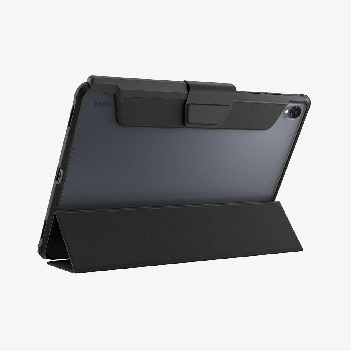 Galaxy Tab S12+ Ultra Hybrid Pro in Black showing the back of a tablet case supported by the folded folio cover in a stand position.