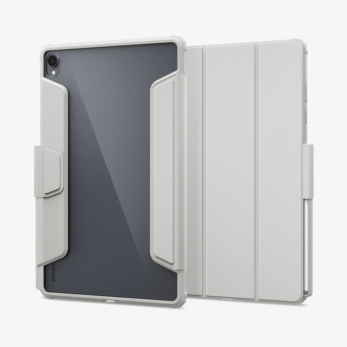 Galaxy Tab S12+ Ultra Hybrid Pro in Gray showing front and back views of a folio tablet case with a transparent back panel, reinforced frame, tri-fold cover, and stylus storage.