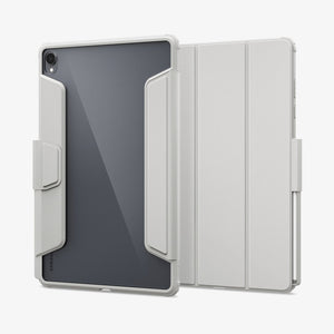Galaxy Tab S12+ Ultra Hybrid Pro in Gray showing front and back views of a folio tablet case with a transparent back panel, reinforced frame, tri-fold cover, and stylus storage.
