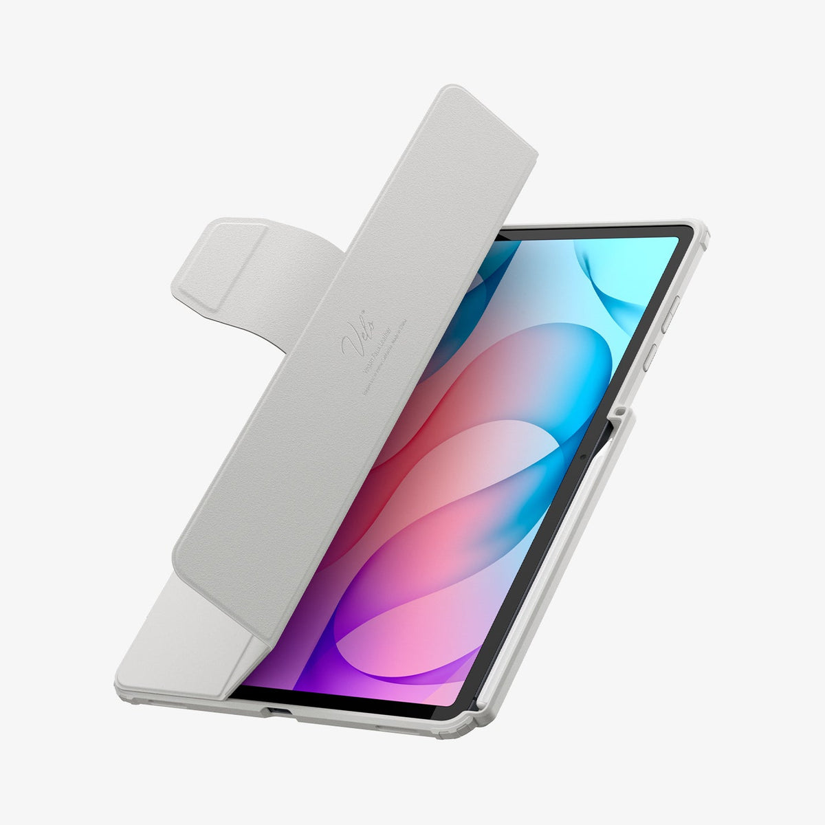 Galaxy Tab S12+ Ultra Hybrid Pro in Gray showing a tablet case with the folio cover partially open and a stylus stored along the side.