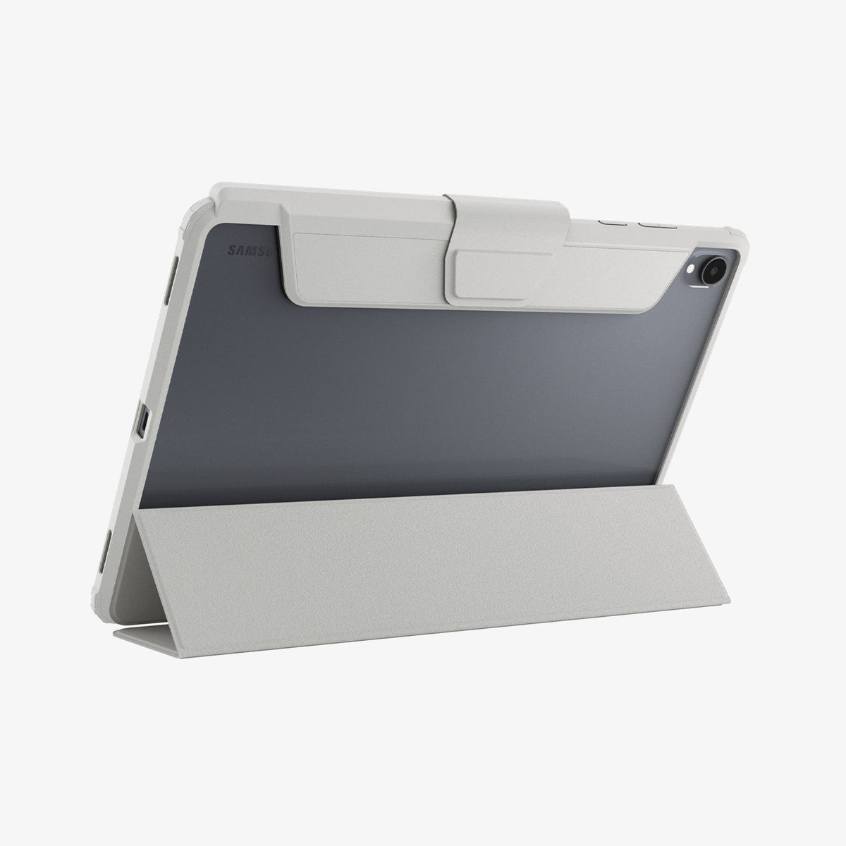 Galaxy Tab S12+ Ultra Hybrid Pro in Gray showing the back of a tablet case supported by the folded folio cover in a stand position.