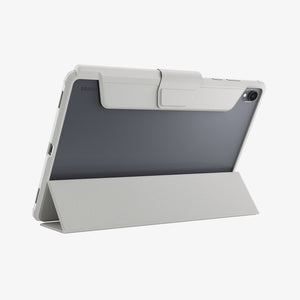 Galaxy Tab S12+ Ultra Hybrid Pro in Gray showing the back of a tablet case supported by the folded folio cover in a stand position.