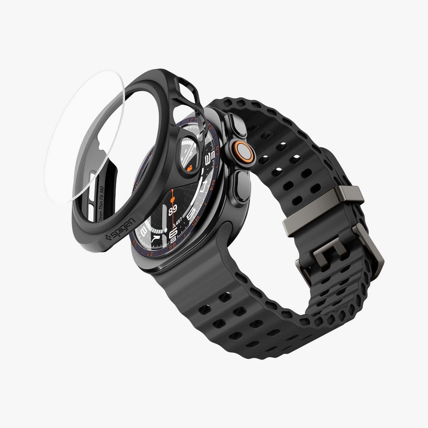 Spigen Galaxy Watch Ultra 2 47mm Case with Glass - Thin Fit 360 - Black - white background detail image 2