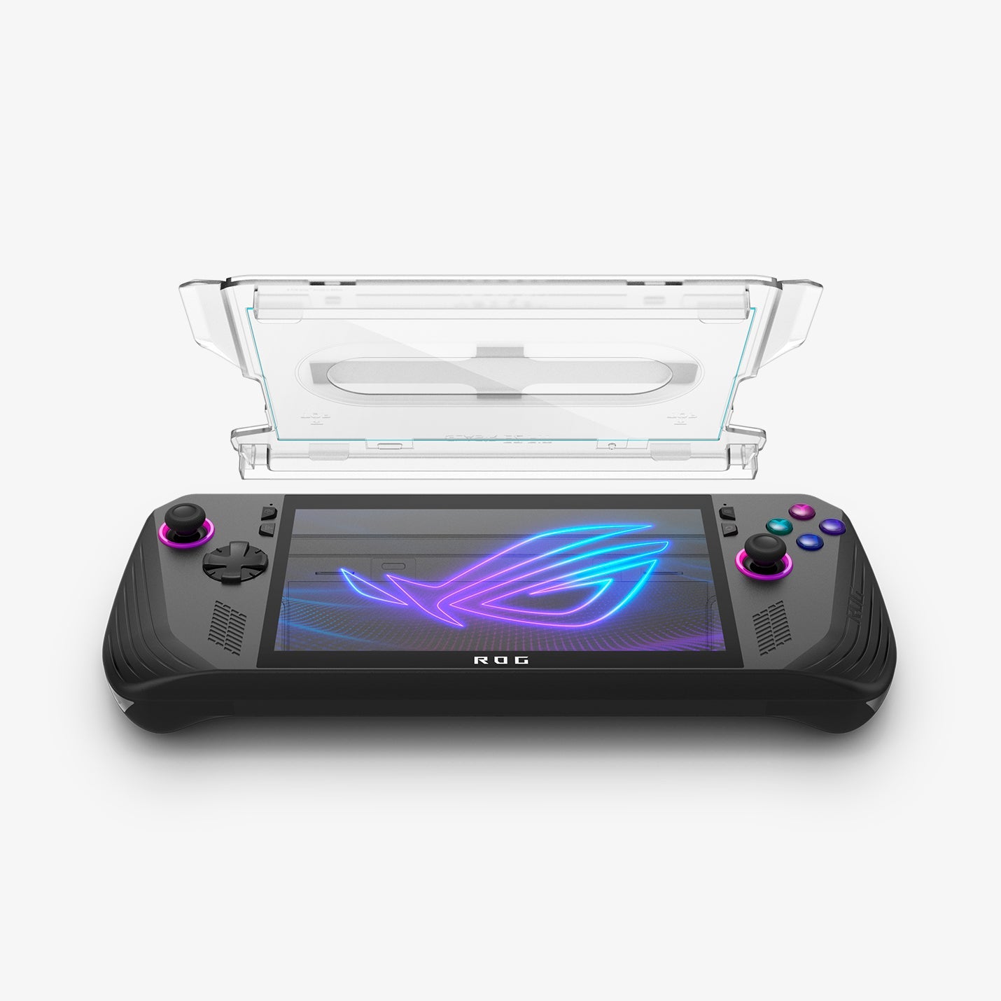 Spigen ROG Ally X Glas.tR EZ Fit clear screen protector above the handheld display