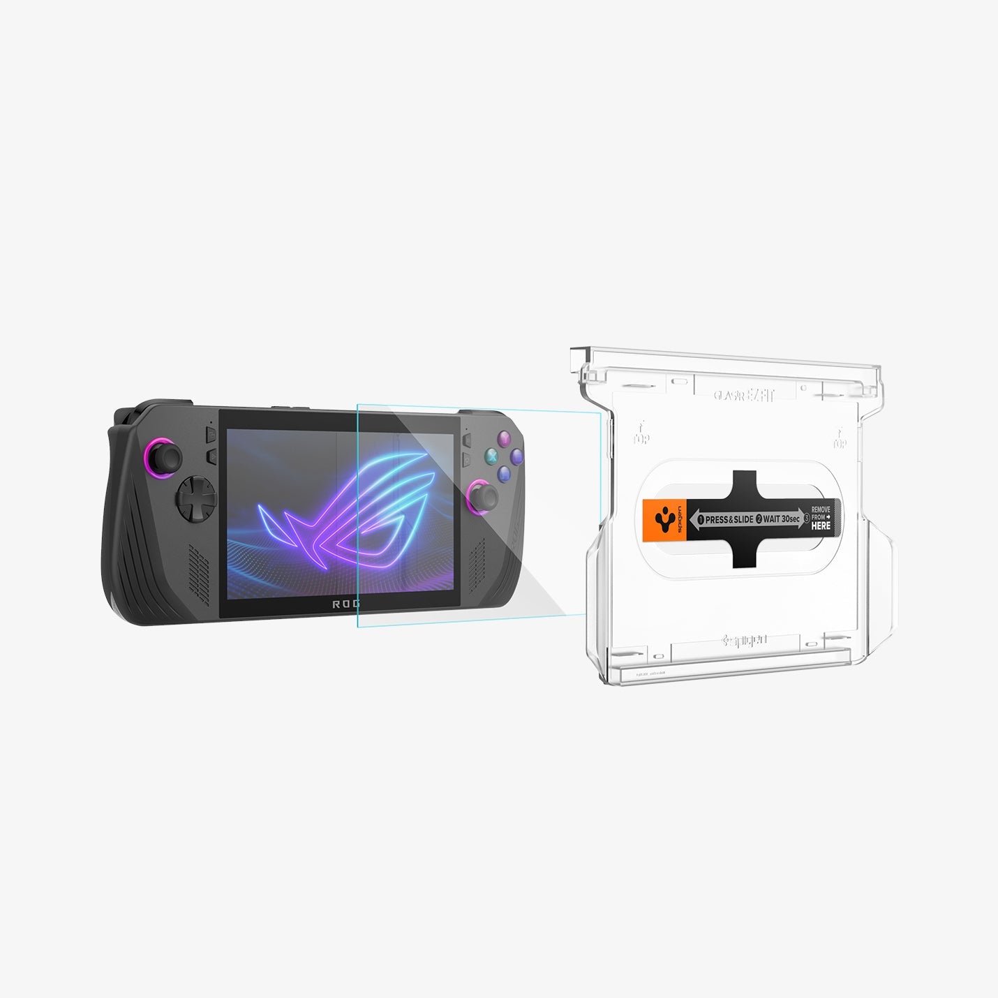Spigen ROG Ally X Glas.tR EZ Fit clear protector aligned in front of the screen