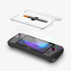 Spigen clear tempered glass hovering over the ROG Ally X display