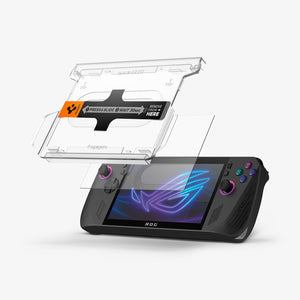 Spigen Glas.tR EZ Fit clear protection positioned over the ROG Ally X screen