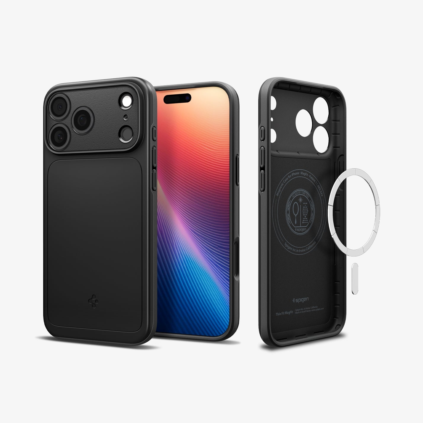 Spigen iPhone 17 Pro Case – Thin Fit (MagFit) - Black - back, front and inner case views
