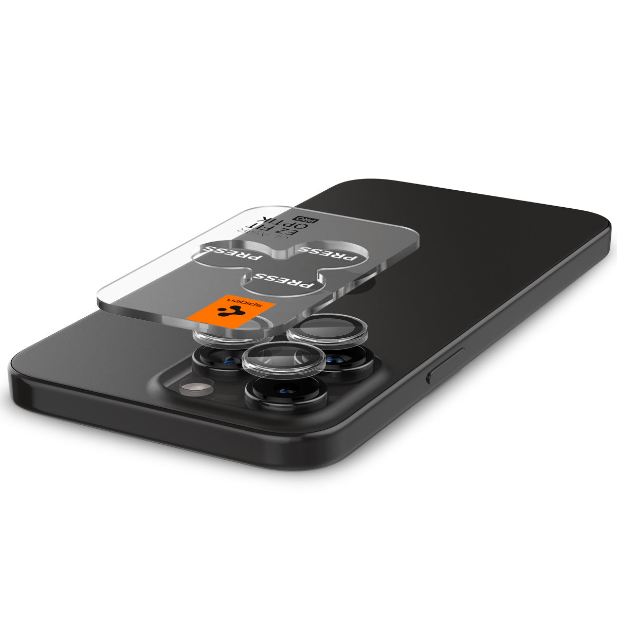 Spigen iPhone 17 Pro Max / 17 Pro Lens Protector – Optik Pro EZ Fit - Crystal Clear - alignment tray positioned above the camera lenses