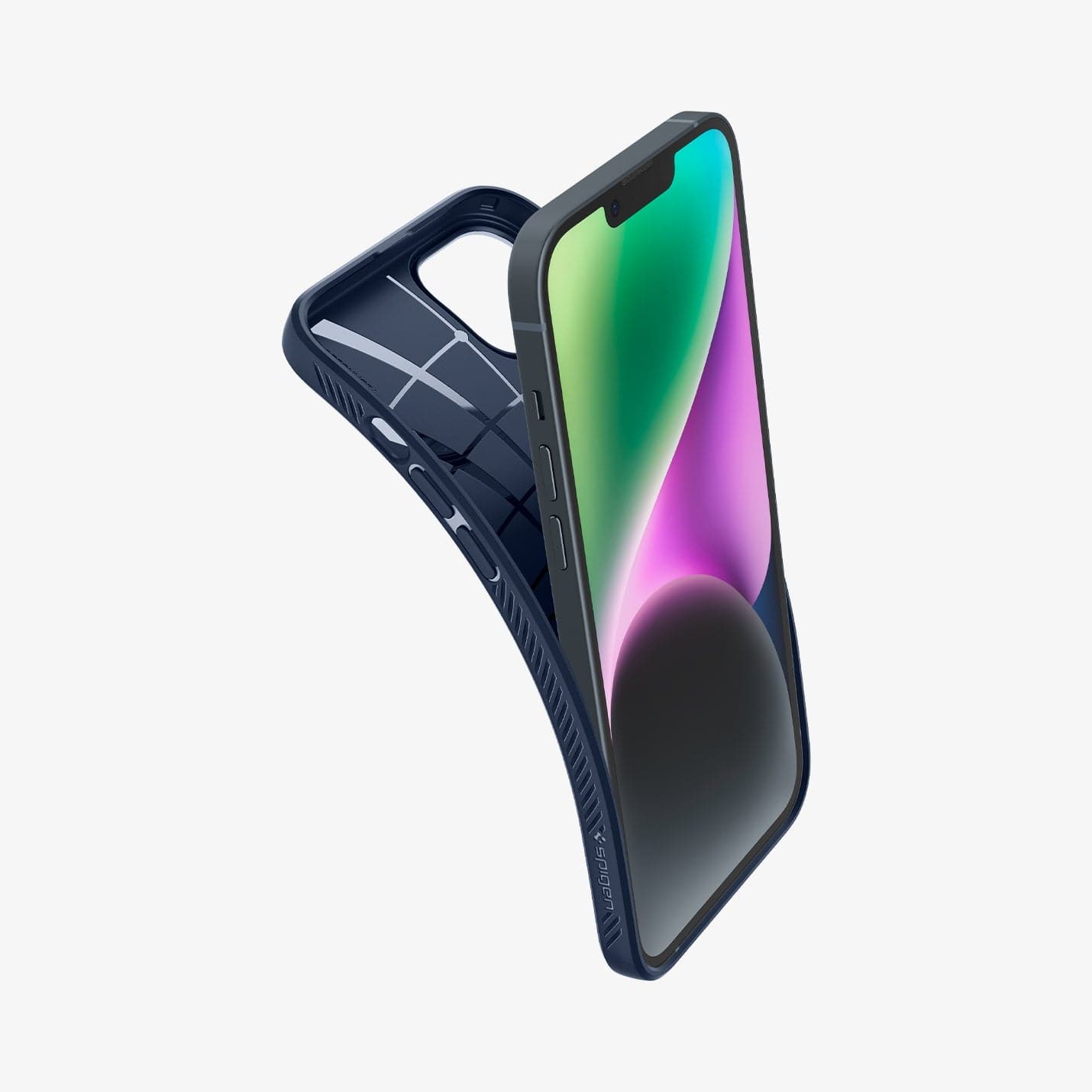ACS05038 - iPhone 14 Case Liquid Air in navy blue showing the back bending slightly away from device to show the flexibility