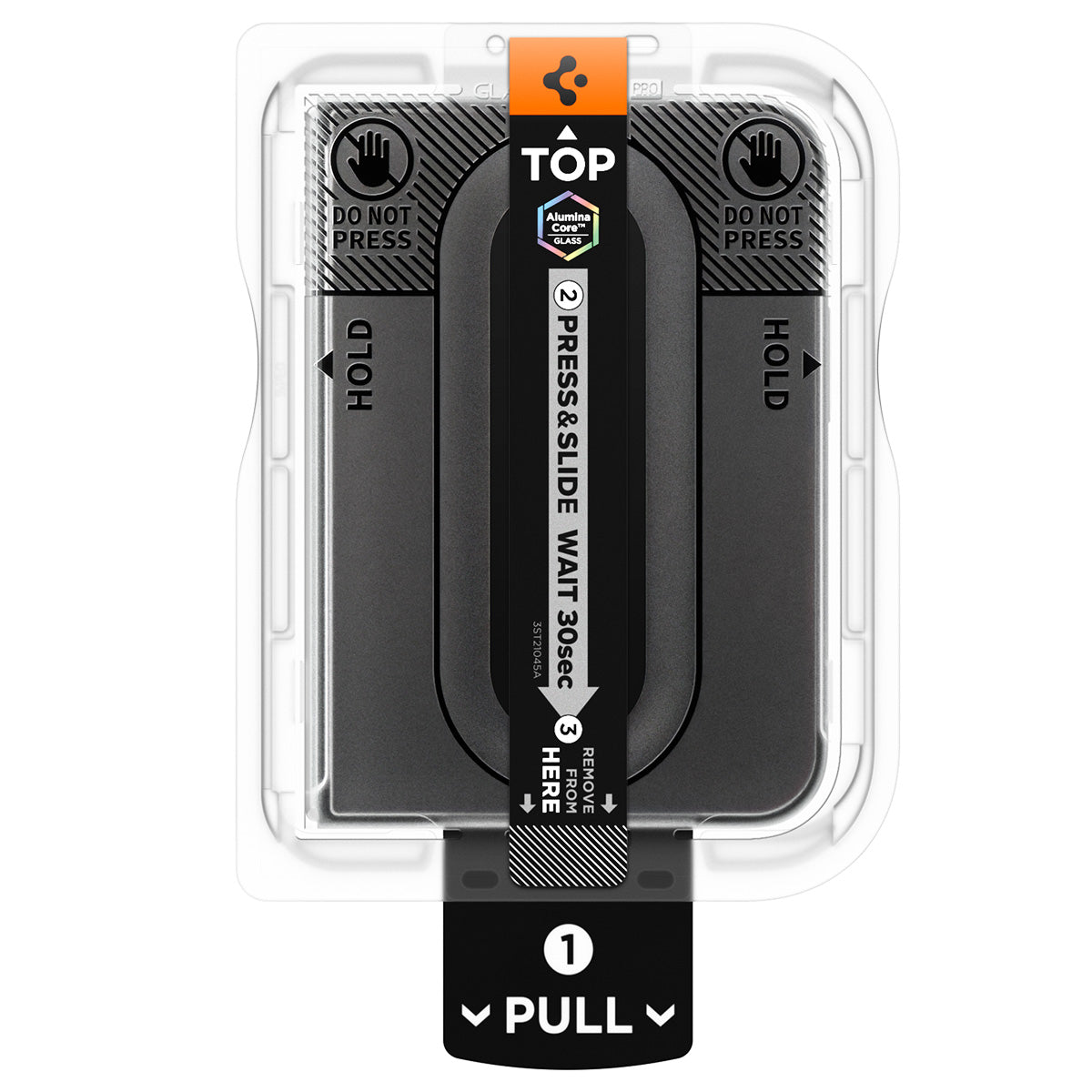 iPhone Duo GLAS.tR EZ Fit Pro | Privacy showing the screen protector installation tray with labeled pull, hold, and press-and-slide instructions.