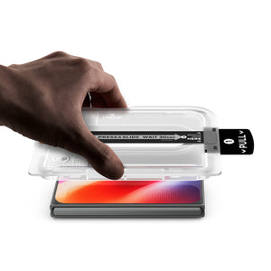 iPhone Duo GLAS.tR EZ Fit Pro | Privacy showing the installation tray positioned over a foldable device during the screen protector application process.