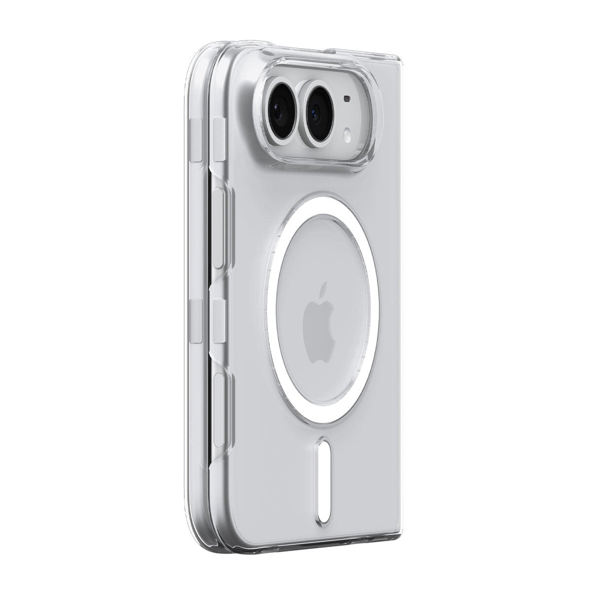 Spigen Air Skin MagFit Clear White case for iPhone Duo – folded rear view with white magnetic ring