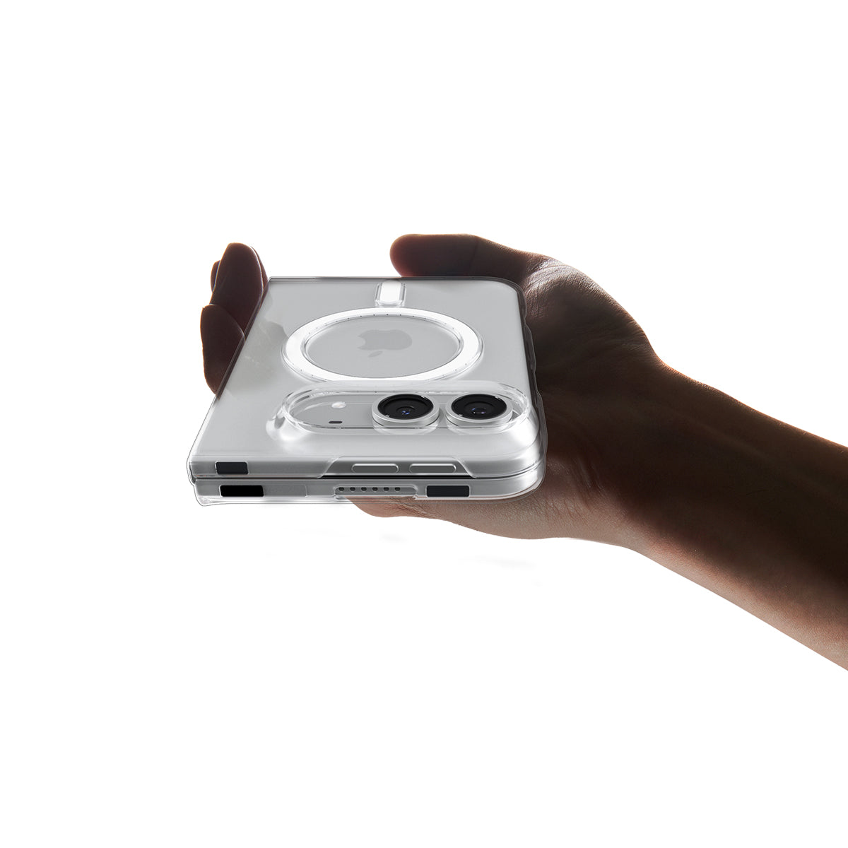 Spigen Air Skin MagFit Clear White case for iPhone Duo – folded phone resting flat on a hand
