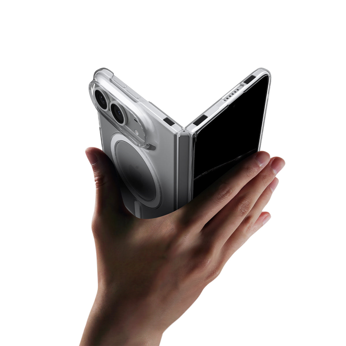 Spigen Air Skin MagFit Clear White case for iPhone Duo – partly opened phone held in one hand