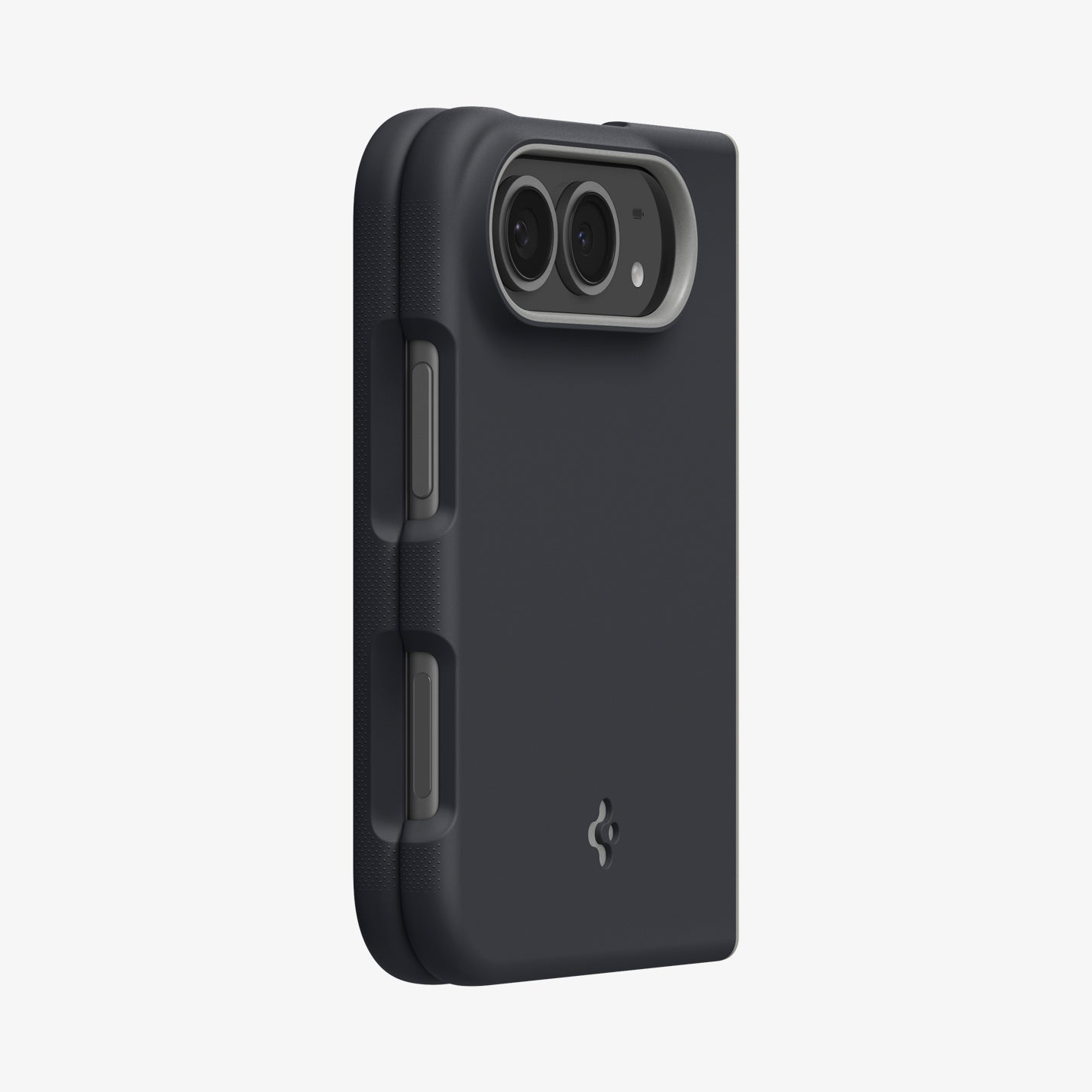 iPhone Duo Nano Pop (Mag Fit) in Black Sesame showing an angled rear view highlighting the camera frame, side controls, and textured grip