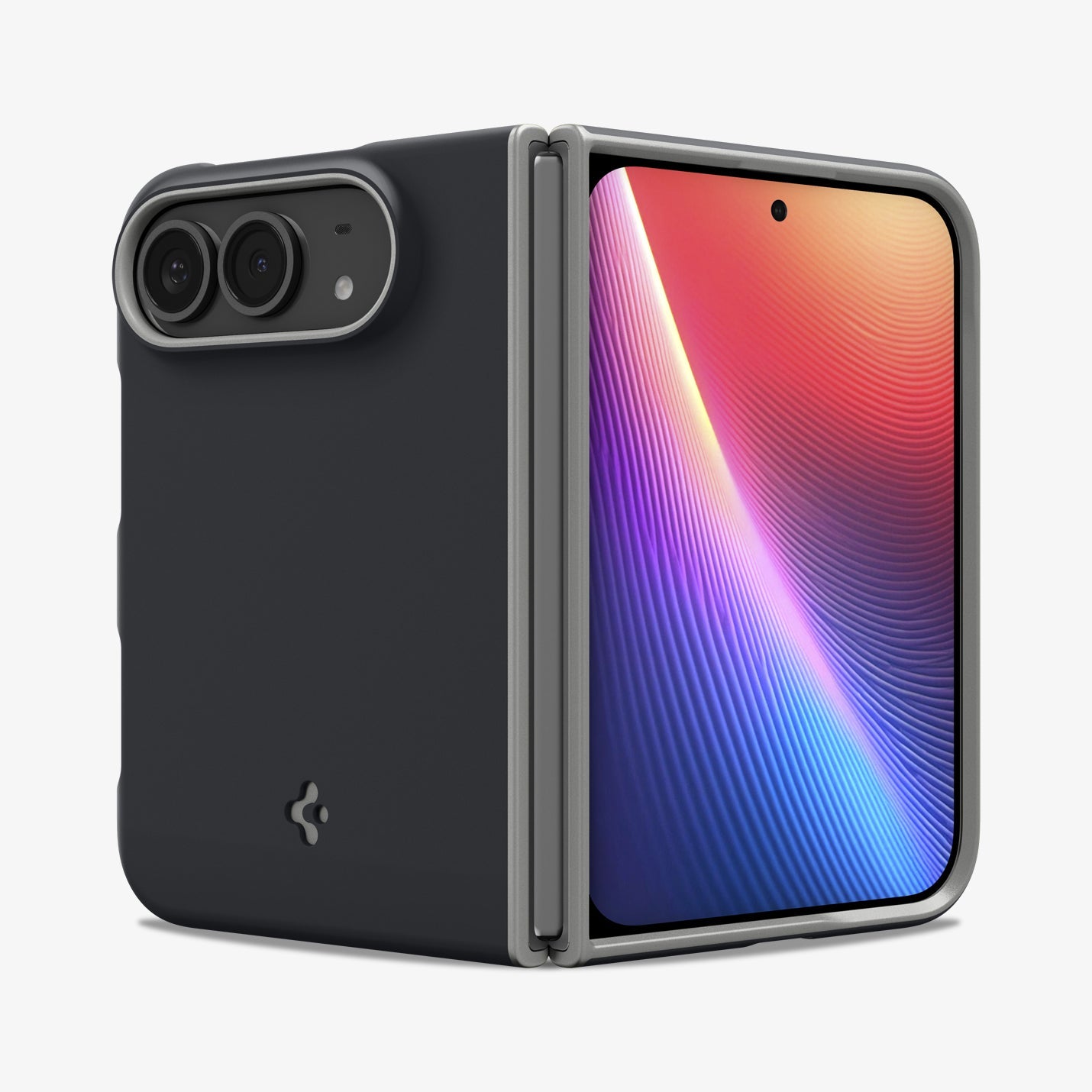 iPhone Duo Nano Pop (Mag Fit) in Black Sesame showing front and rear views of the case partially folded with raised protective edges