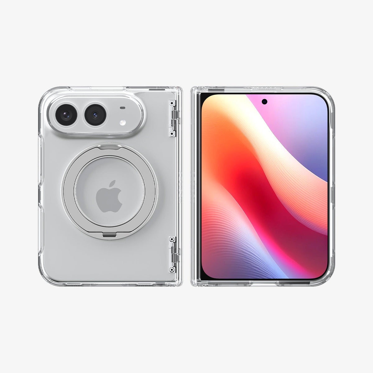 iPhone Duo Ultra Hybrid Pro S (Mag Fit) showing the clear case fully opened with a built-in circular kickstand on the back