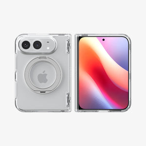 iPhone Duo Ultra Hybrid Pro S (Mag Fit) showing the clear case fully opened with a built-in circular kickstand on the back