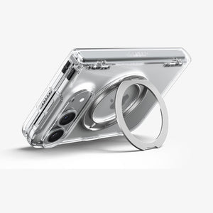 iPhone Duo Ultra Hybrid Pro S (Mag Fit) showing the built-in circular kickstand supporting the device in landscape mode